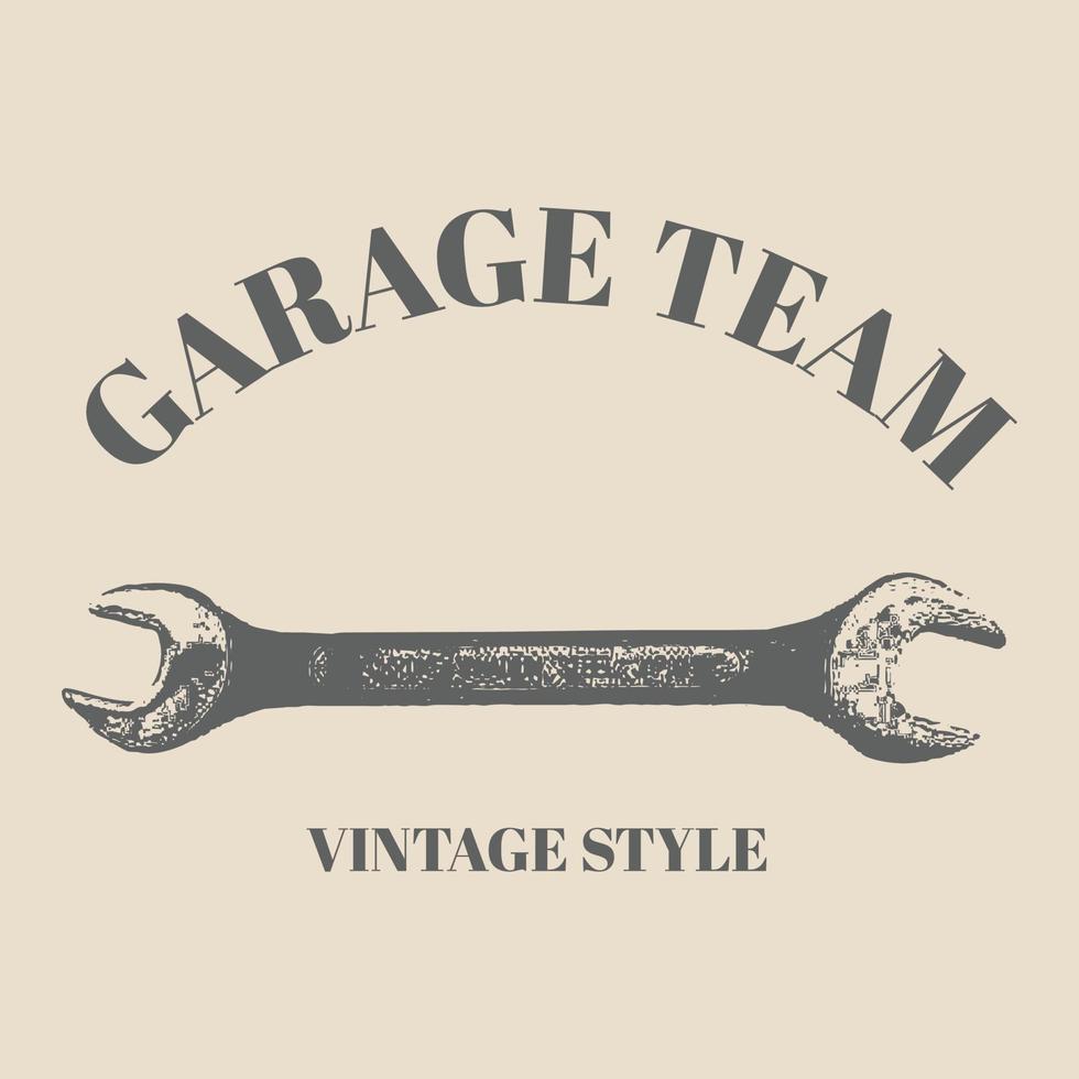 logo tools vector wrench hand drawn with vintage retro style. Spanner logo design element. Key tool isolated on cream background template design