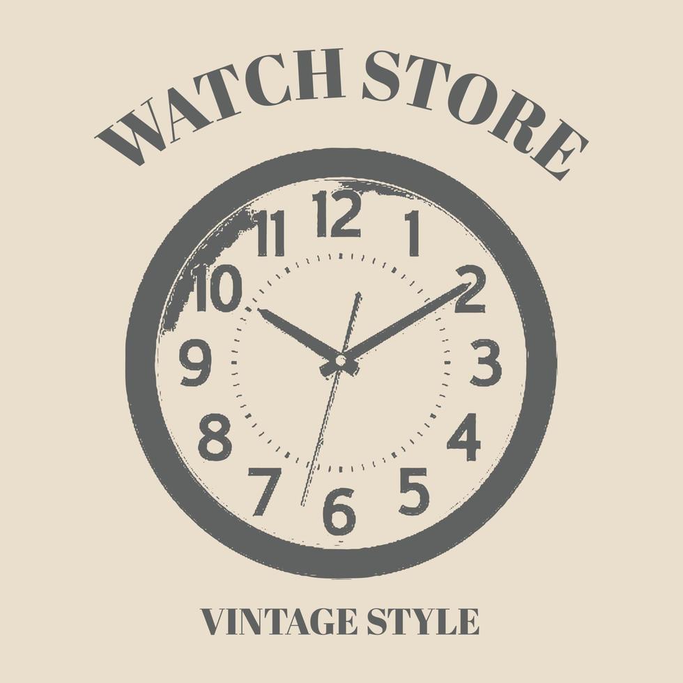 logo Clock shop design. Monochrome element with old watch vector illustration with text. vintage retro style. Watchshop and service concept for symbols, emblems and labels design template
