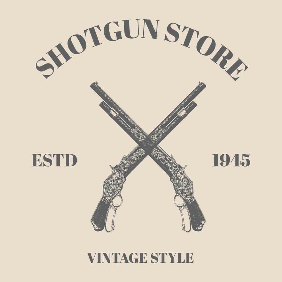 Logo Cross Hunting shotgun. Suitable for Advertising, Hunt Equipment, Club And Other Use. Dark Brown Retro Style. Vector Illustration template design