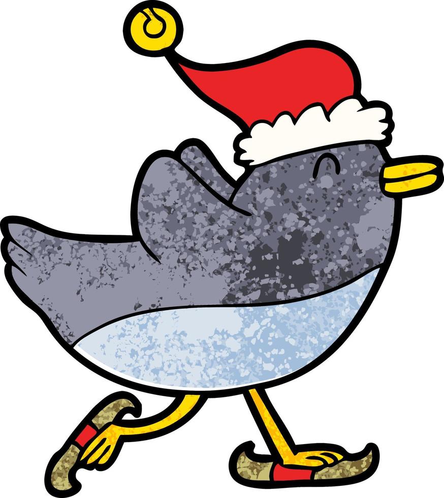 ice skating penguin character with xmas hat vector