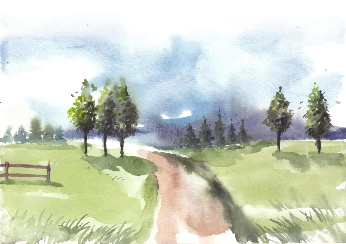 Nature landscape with road and garden fence watercolor vector