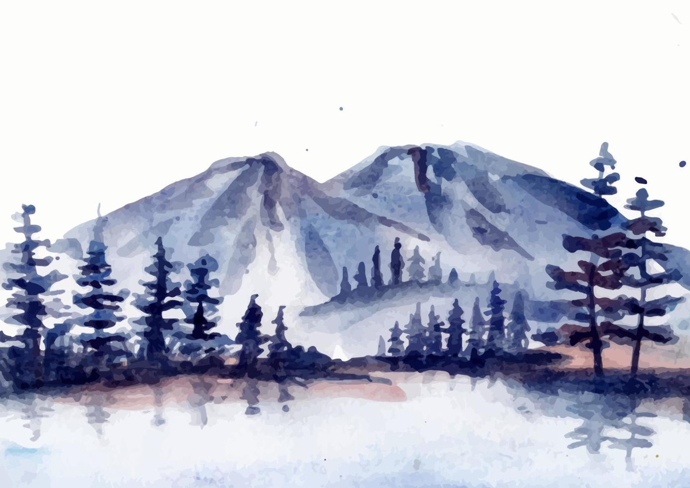 Reflection of winter landscape and icy mountain watercolor vector