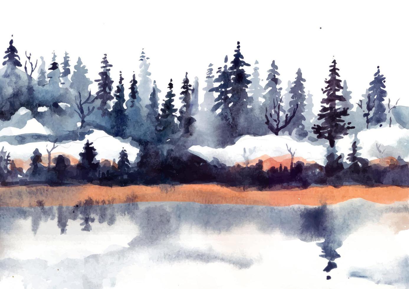 Reflection of winter landscape with pine trees and snow watercolor vector