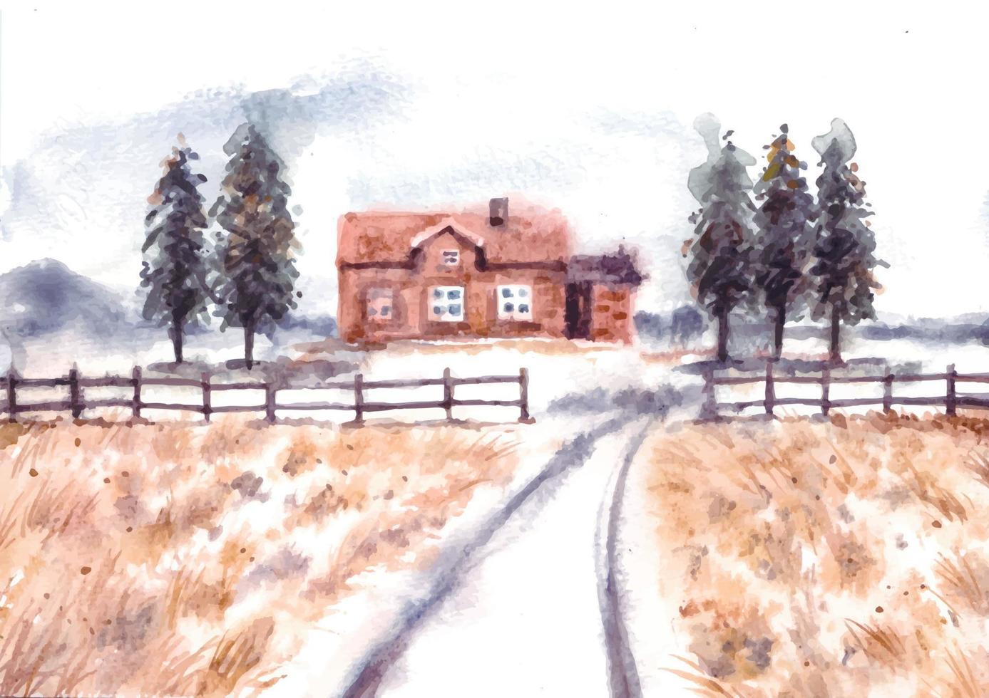 Winter landscape with house and road watercolor vector