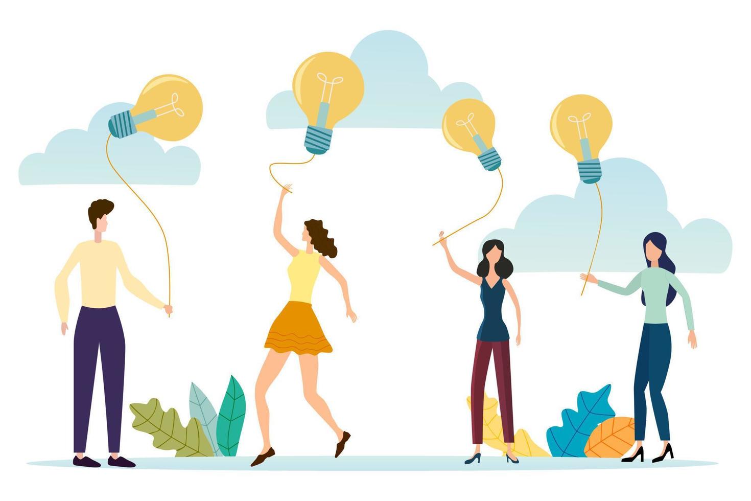 People walk with light bulbs in the form of balloons.The concept of finding creative ideas. vector