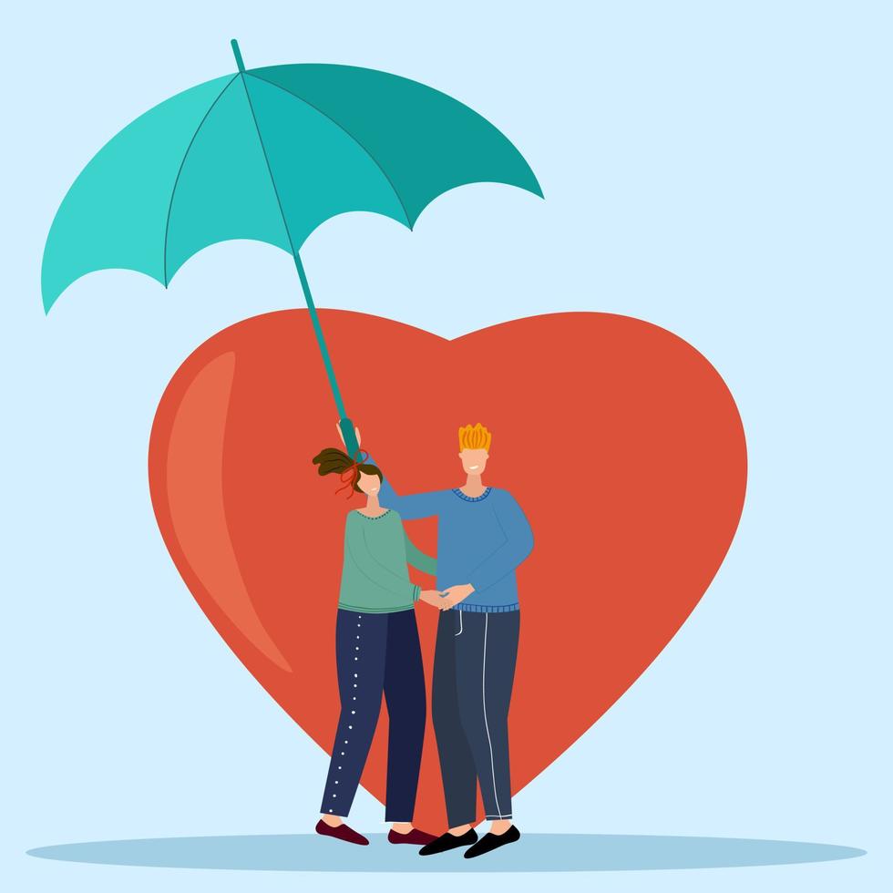 Vector illustration.Two under an umbrella on the background of a large heart.It symbolizes love, loyalty and care for each other.