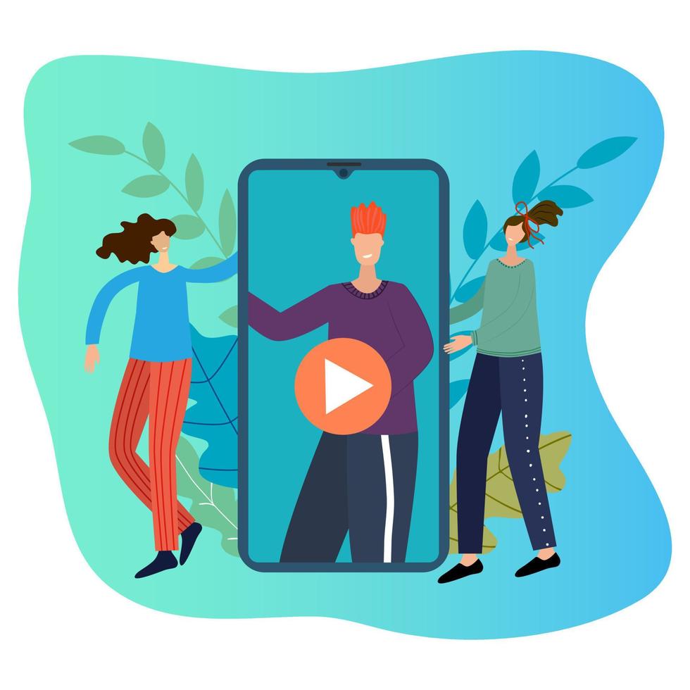 Vector illustration.Cute people watch online broadcast on their smartphone.The concept of online training and online entertainment.