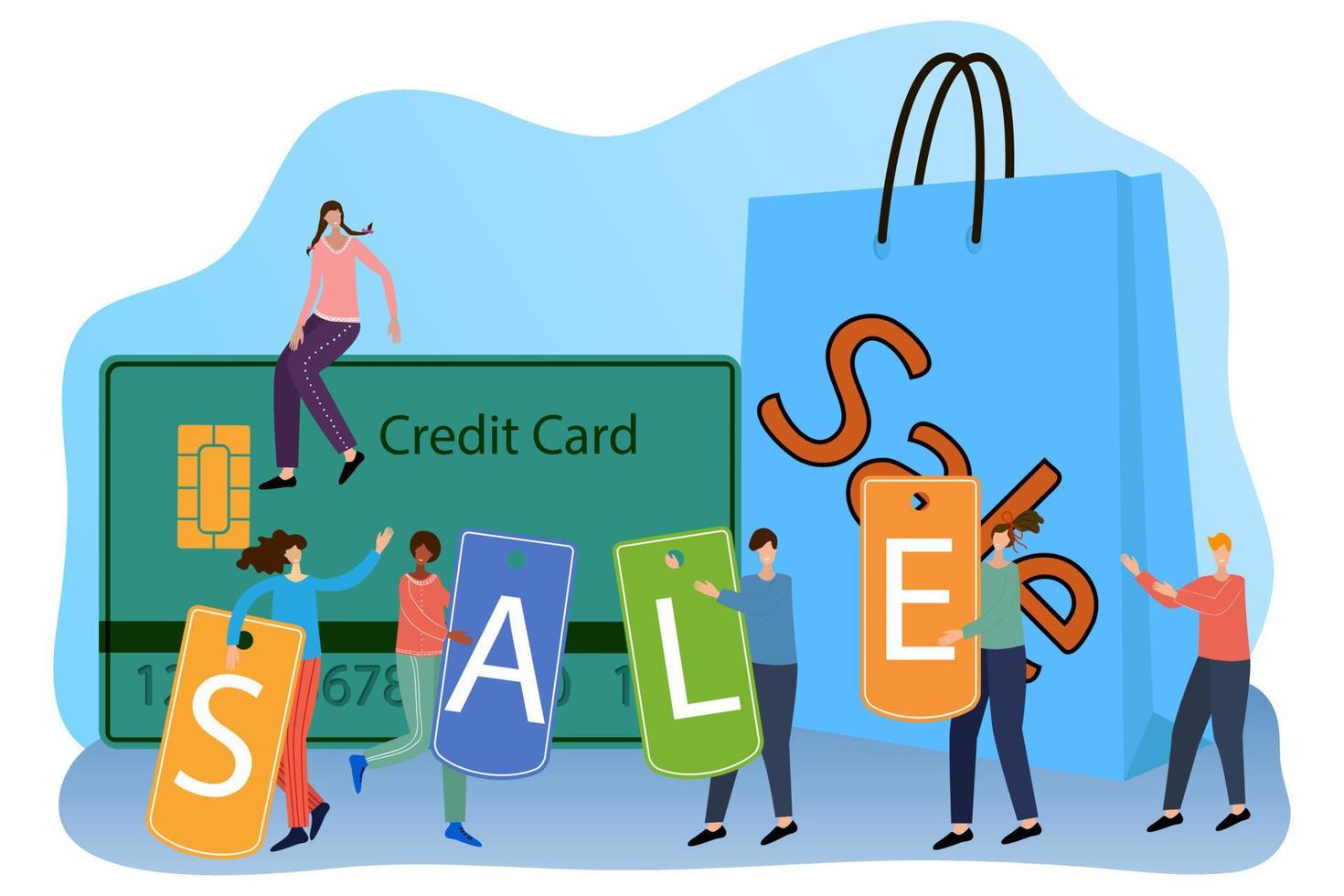 Vector illustration.Cute people rush to the sale.people are holding signs that say sale and in the background a package and a credit card.