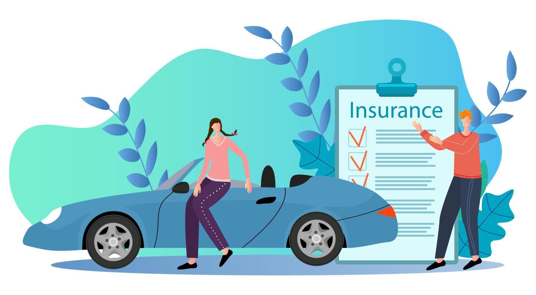 Flat vector illustration.The man offers the woman to insure the car.The concept of auto insurance can be used for a poster, banner, and web page.