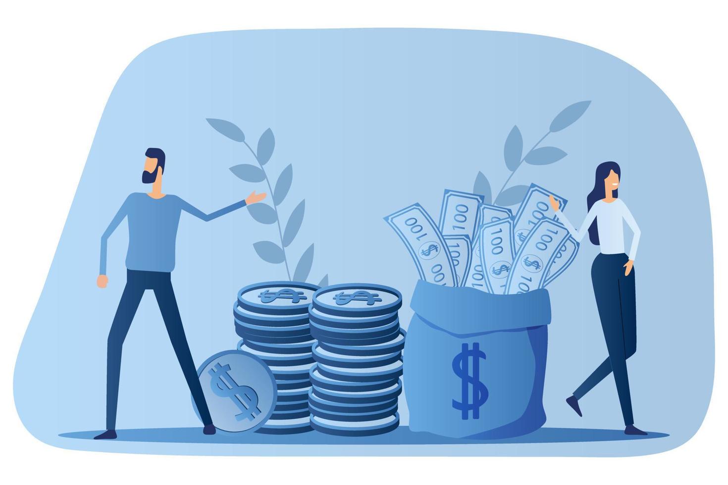 The concept of monetary investment.People stand near the money.Flat vector illustration.