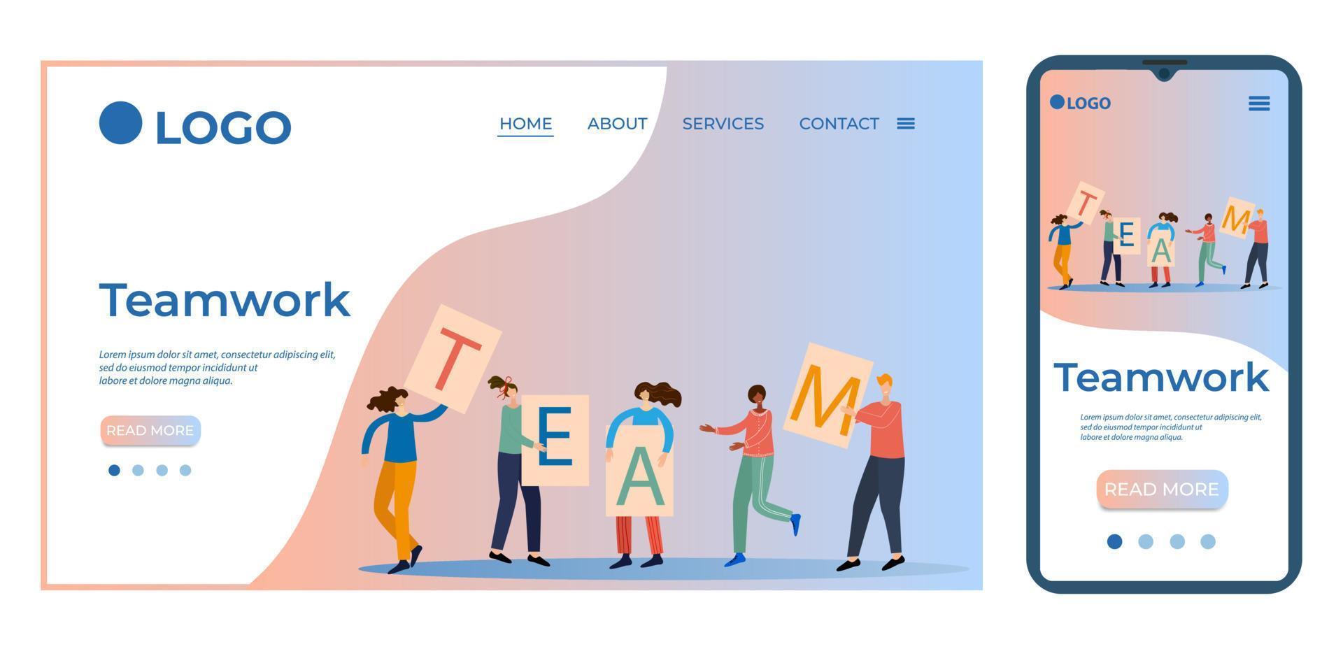 Teamwork.People hold Team signs in their hands.Template for the user interface of the site's home page.Landing page template.The adaptive design of the smartphone.vector illustration. vector