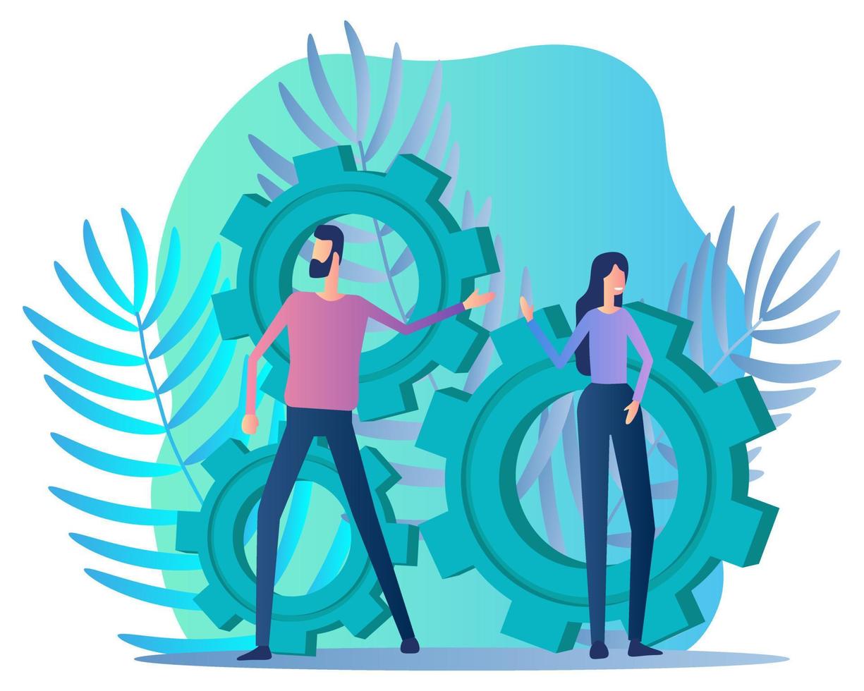 Joint work.People stand next to the gears.Shared goal achievement .Flat vector illustration.