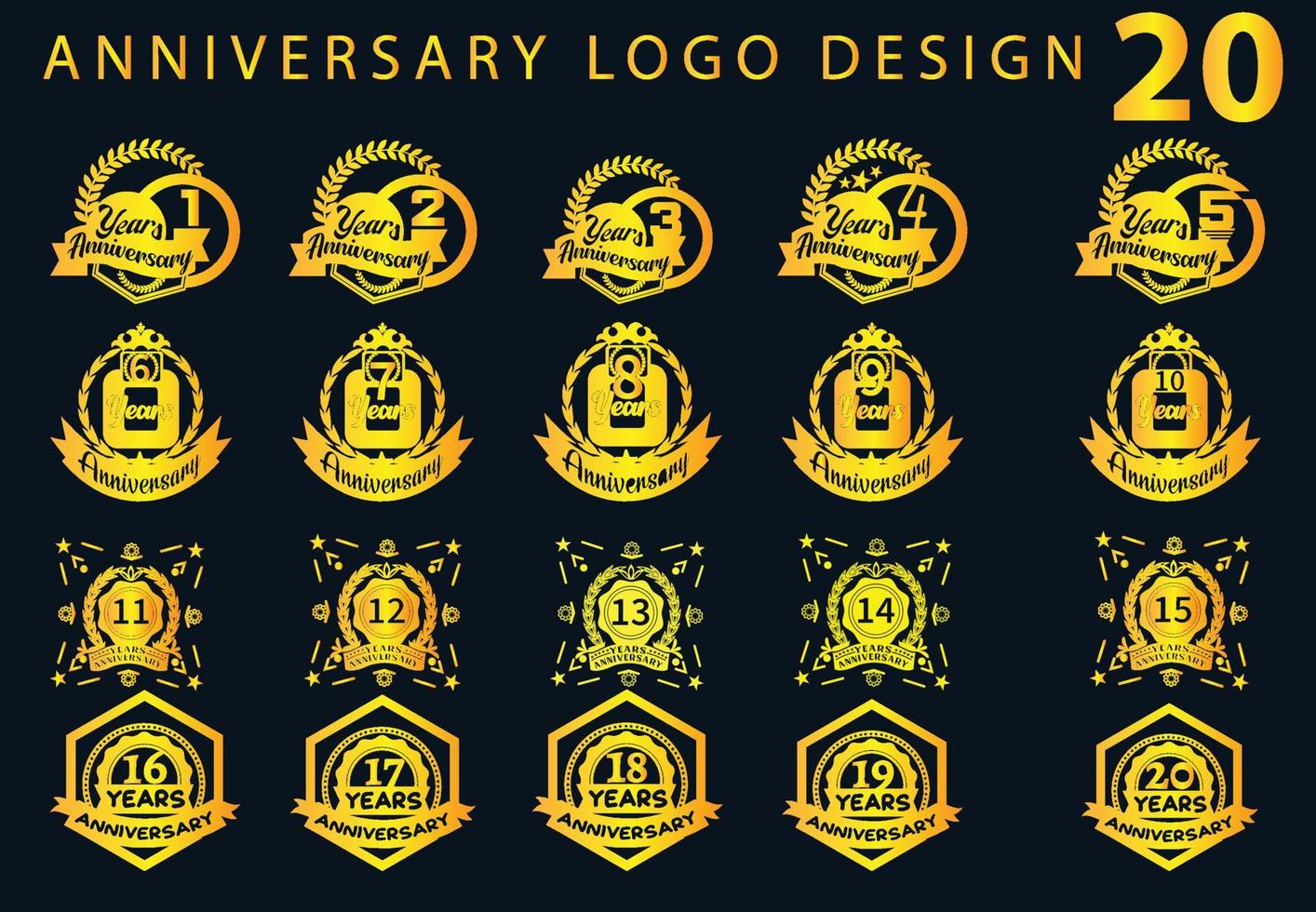 1 to 20 years anniversary logo and sticker design bundle vector