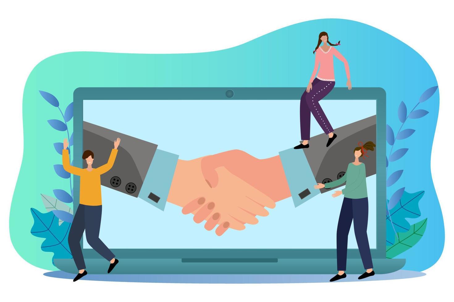 Flat vector illustration.Sign contracts with each other using an Internet connection.Concept of online negotiations and contracts