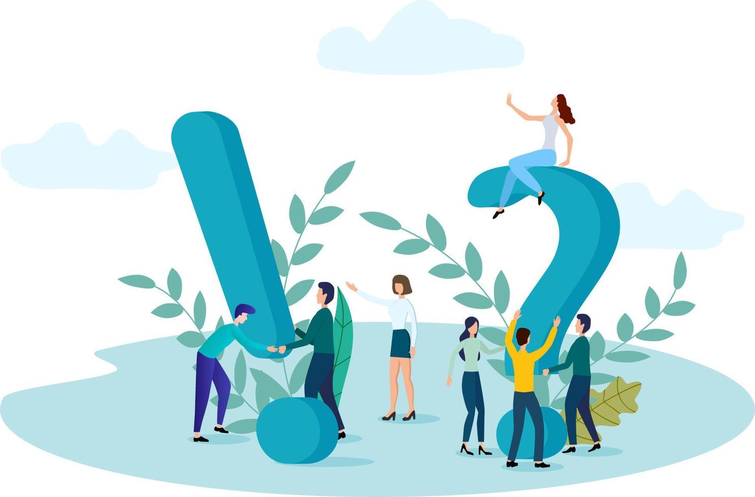 Vector illustration.Women and men support question and exclamation marks.Concept of an online consultation center for questions and answers.