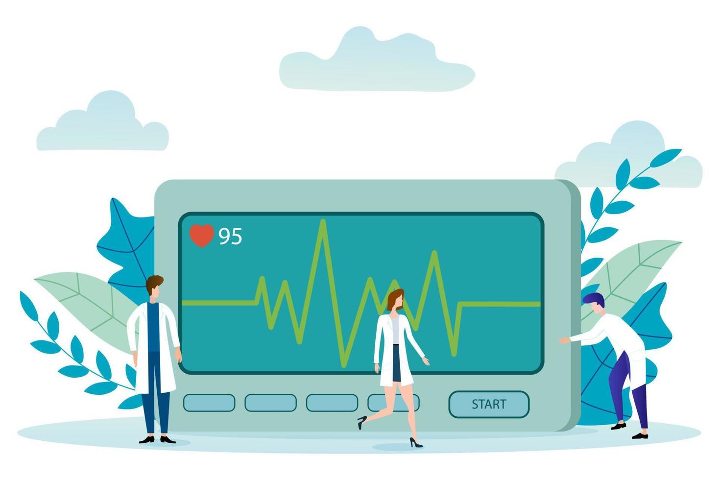 Vector illustration.People in white coats are preparing a cardiograph for work.The concept of heart attack prevention.