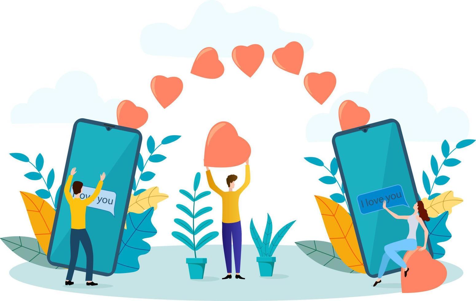 Vector illustration.A man and a woman send each other Valentines using smartphones.