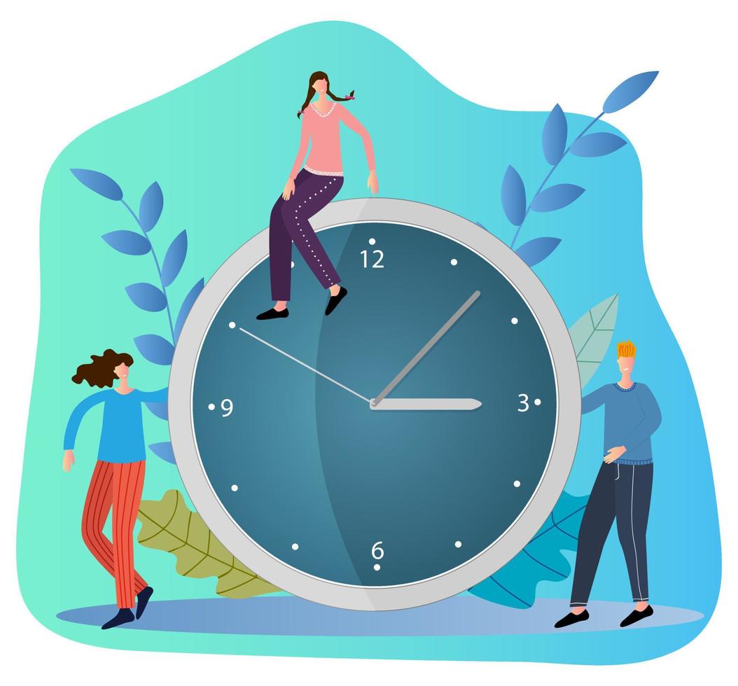 People are standing near a large clock.The concept of time management.Flat vector illustration.