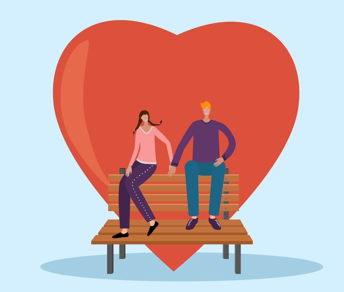 Vector illustration.Two lovers, a woman and a man sitting on a bench.In the background, a large heart.Illustration in a flat style, can be used for postcards, banners, and other designs.