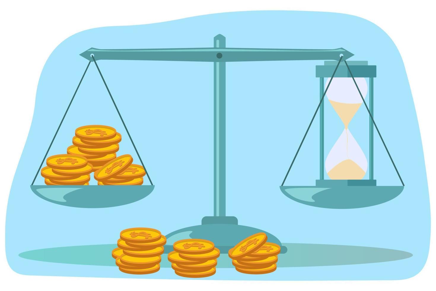 Scales, coins , and hourglasses. The concept of time is money.Flat vector illustration.