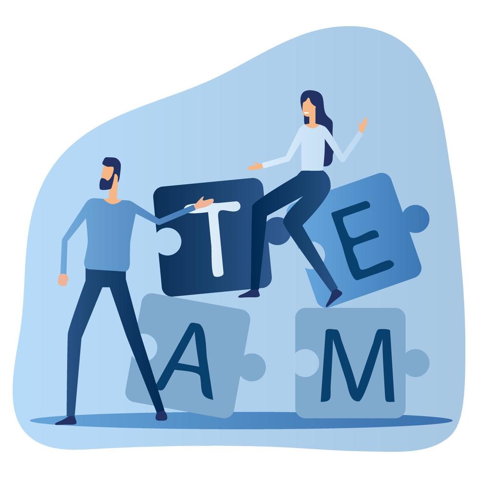 People connecting puzzle elements. The concept of teamwork and partnership.Flat vector illustration.