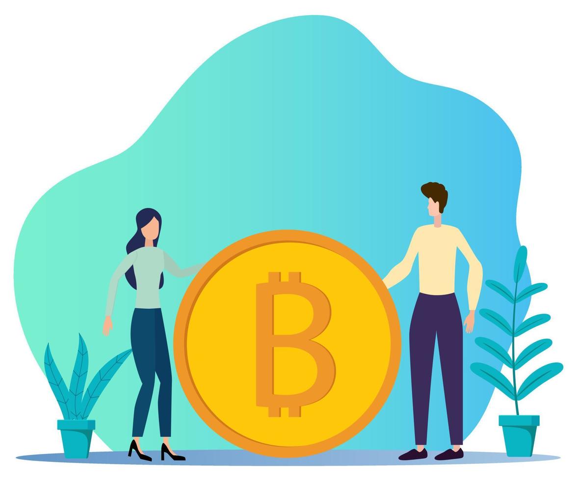 Vector illustration.Two businessmen, a man and a woman, stand near a large bitcoin coin.The concept of earning and investing in bitcoins.