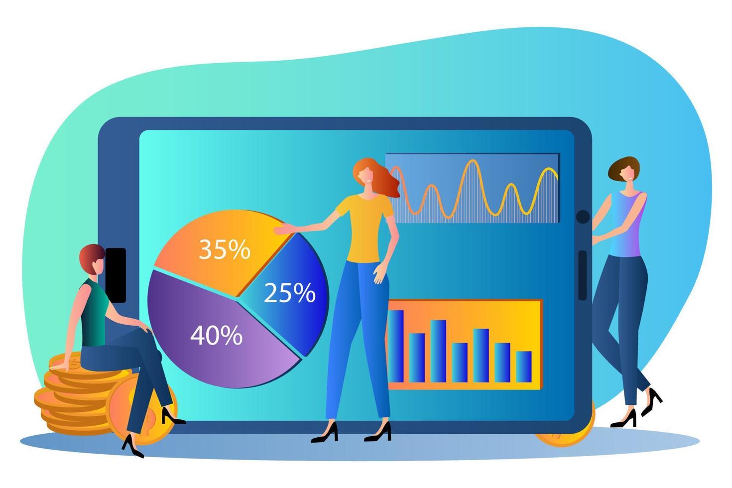 People stand near coins and a tablet computer.The concept of Bank payments online assessment of global financial structures .Flat vector illustration.