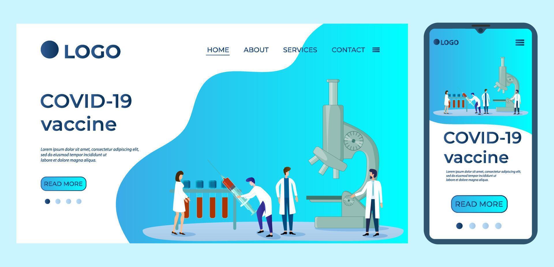 COVID-19 vaccine.Template for the user interface of the website's home page.Landing page template.The adaptive design of the smartphone.vector illustration. vector