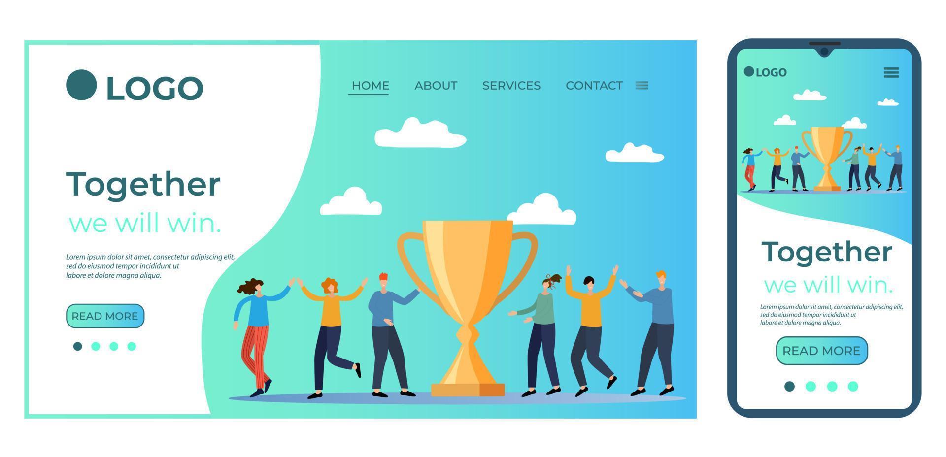 Together we will win.Happy people hold the victory Cup.Template for the user interface of the site's home page.Landing page template.The adaptive design of the smartphone.vector illustration. vector