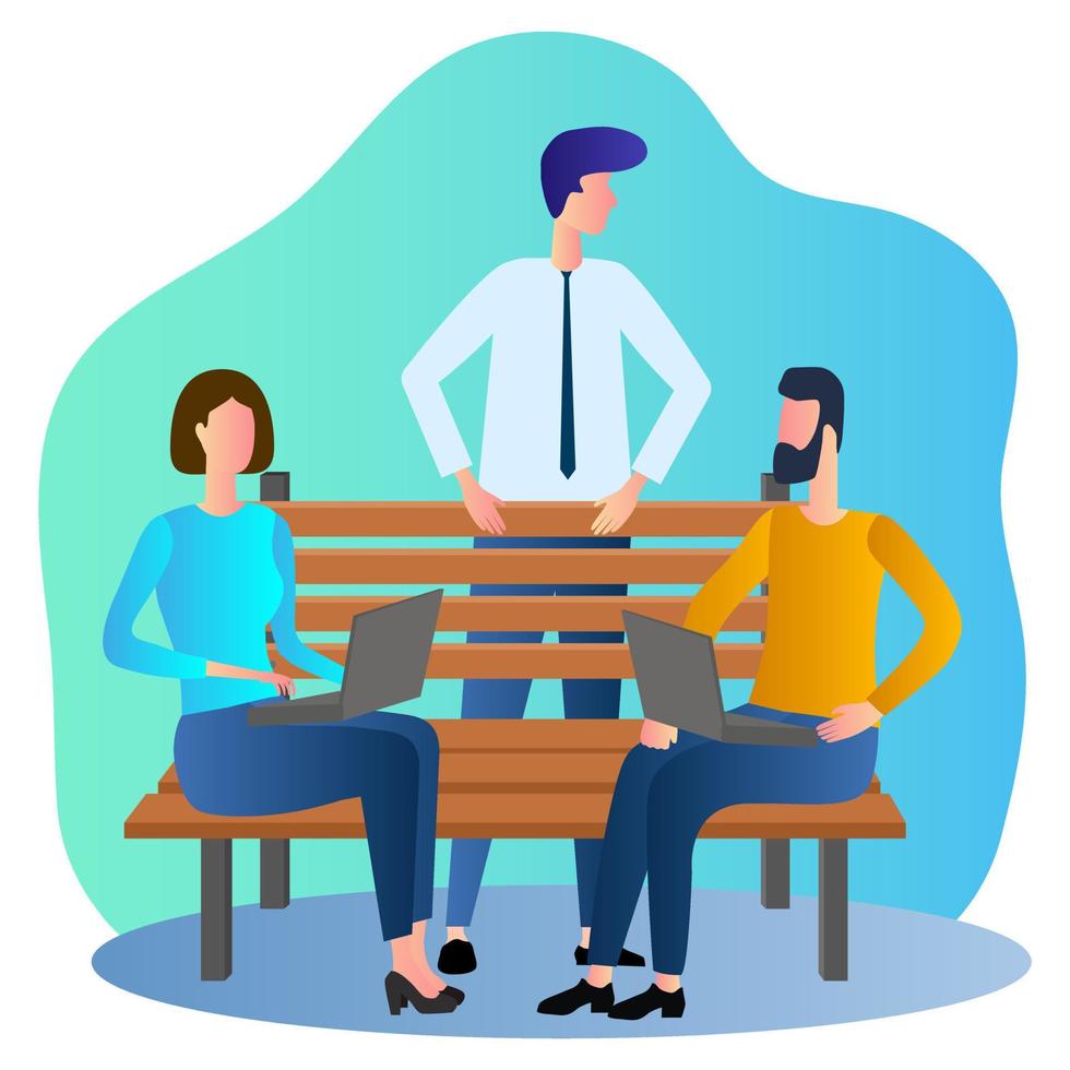 Businessmen relax in the Park.People with laptops sit in the Park and relax.Flat vector illustration.