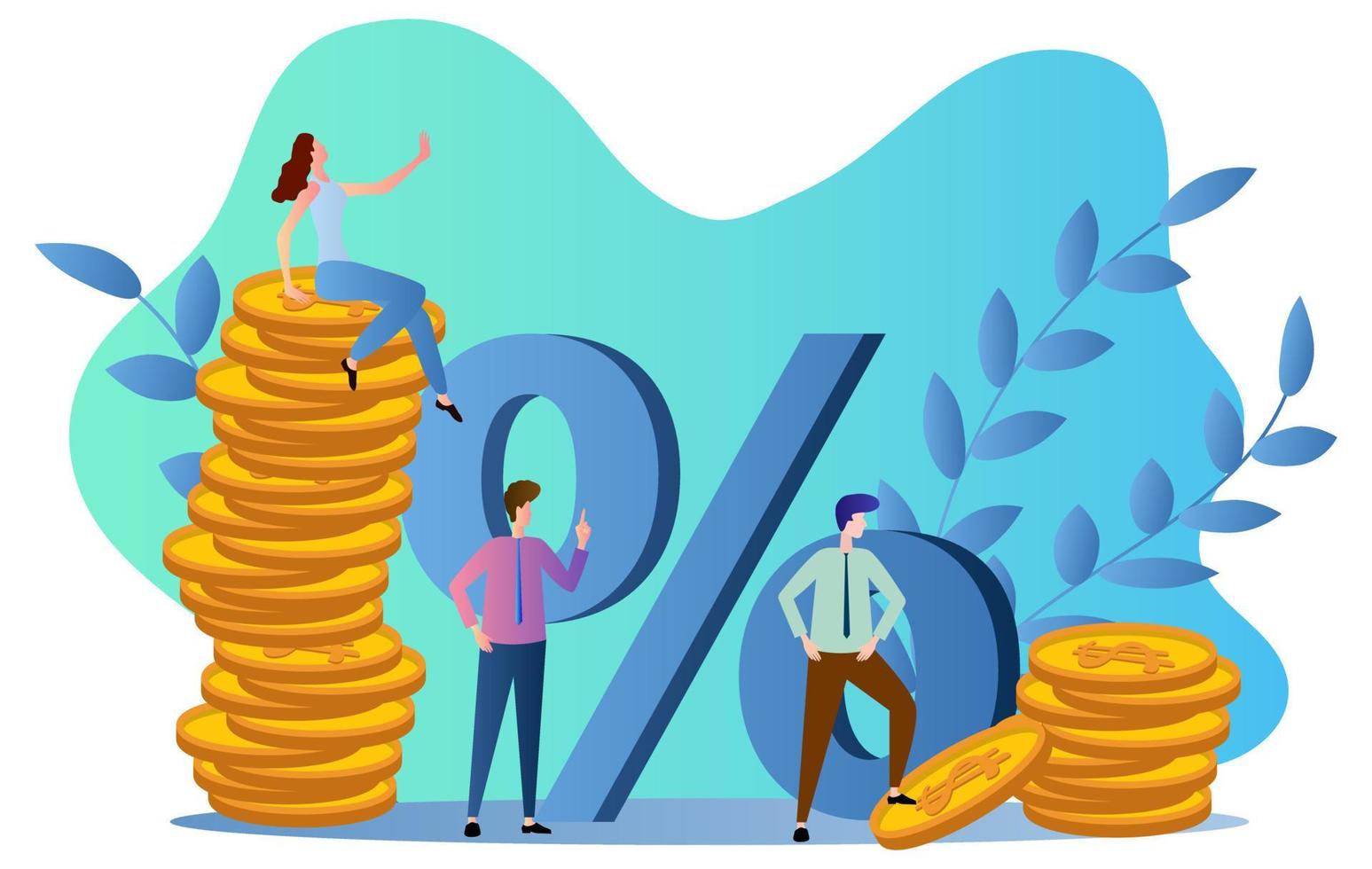 Bank interest,profitability, growth of cash deposits.Concept of financial activity.Flat vector illustration.