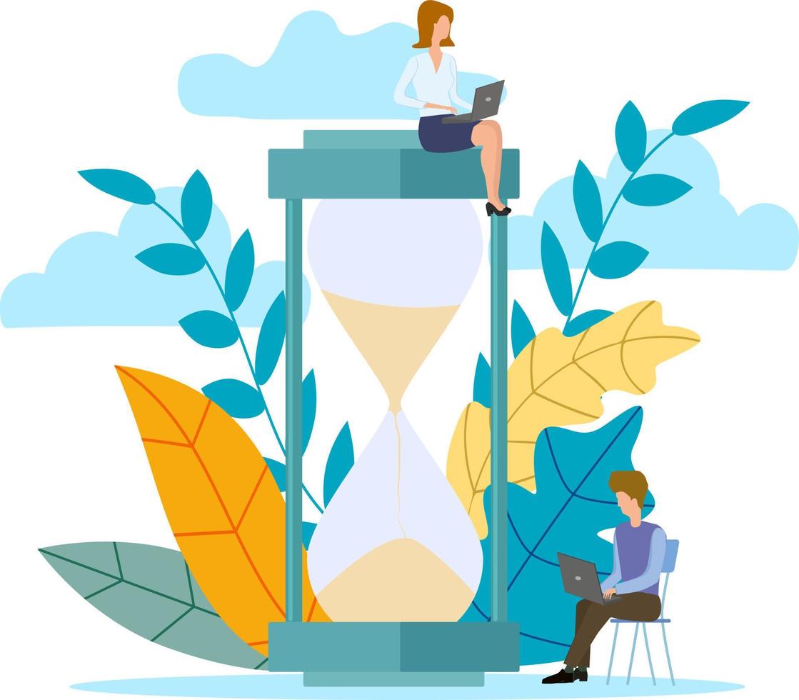 Vector illustration.Office characters working on laptops at the background of the hourglass.The concept of business process productivity and time management.