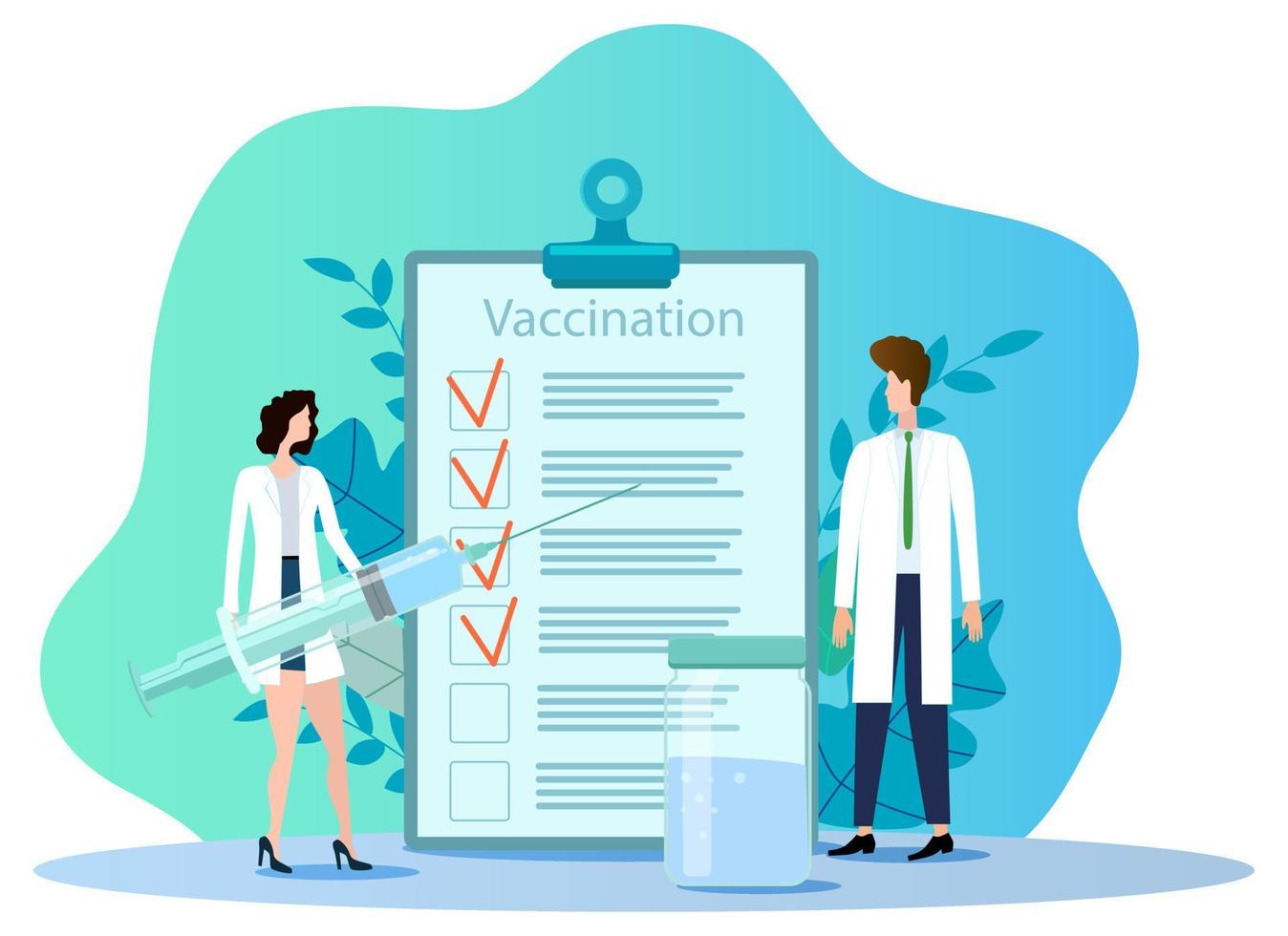 Vector illustration.People in white coats are going to be vaccinated.The concept of vaccination, prevention of epidemics, influenza viruses and support of immunity.