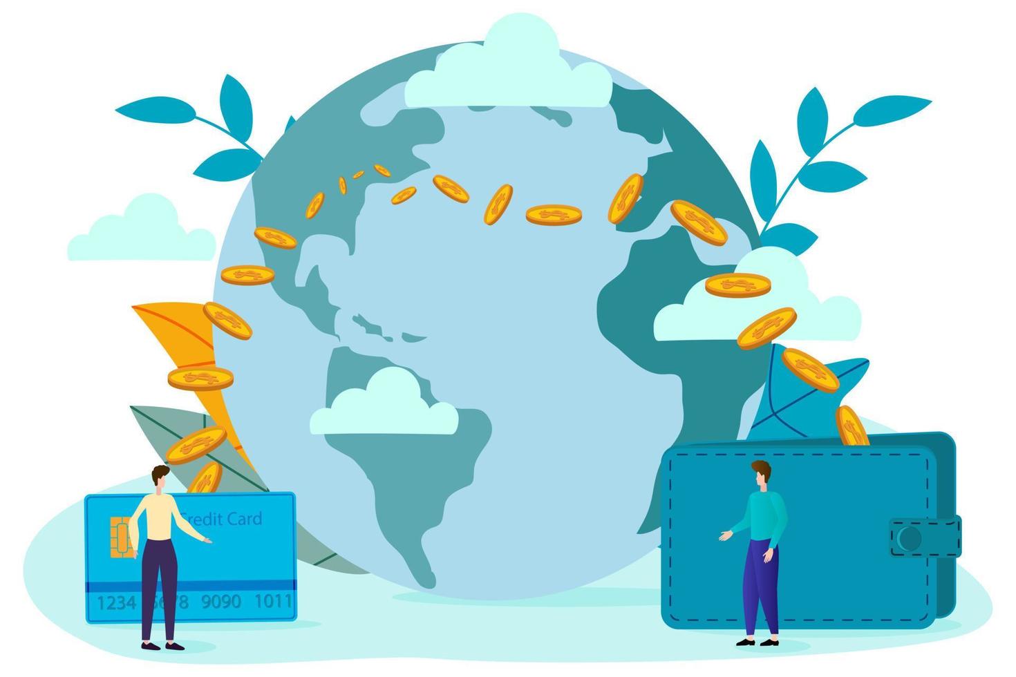 Vector illustration.People send money to each other from one part of the world to another.Concept of the world Bank payment system.