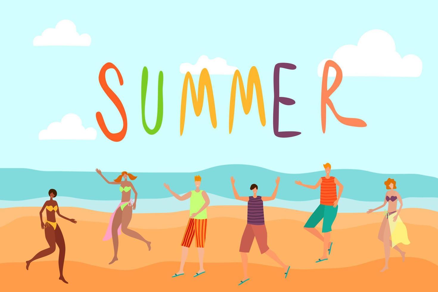 Flat vector illustration. Summer beach where happy young people are happy . You can use it as a poster or banner.