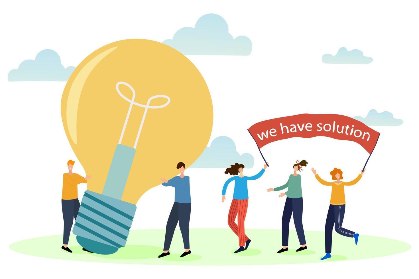 Vector illustration.People hold a light bulb and a placard that says we have a solution.The concept of collaboration, brainstorming.