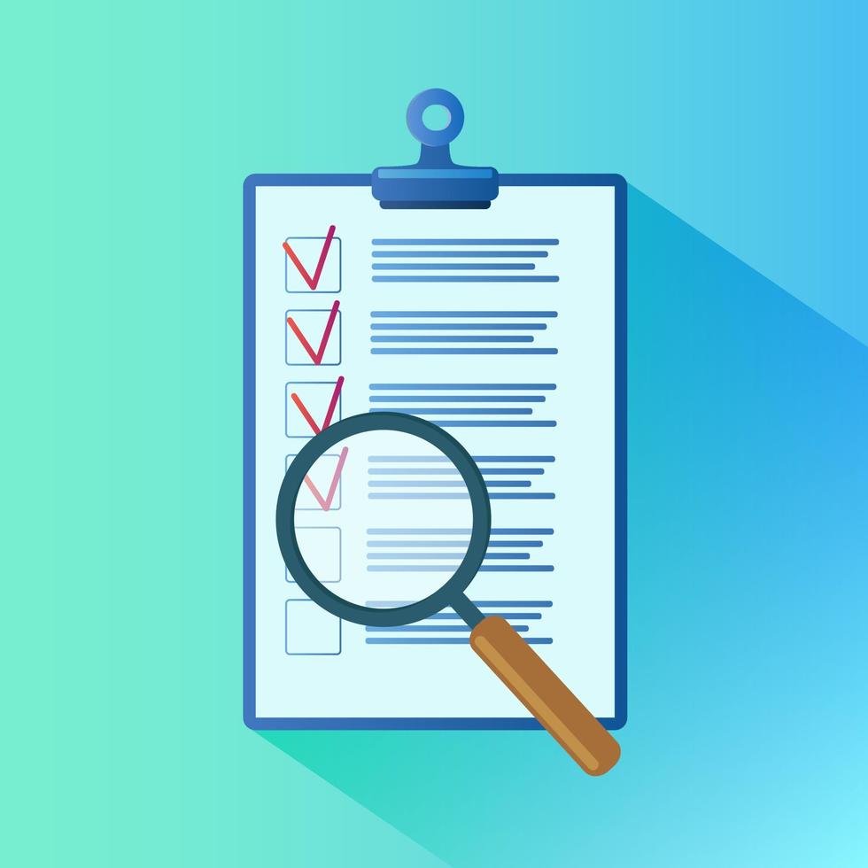 A task sheet and a magnifying glass.The concept of search.Flat icon for web design.Vector illustration. vector