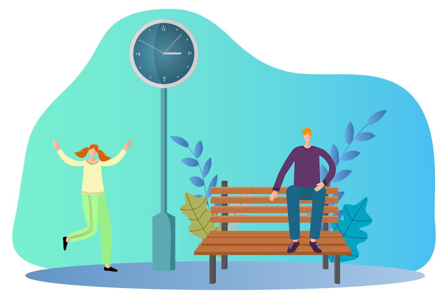 Flat vector illustration.A man is waiting for a woman on a bench near the clock.The concept of love, affection, and first dates.