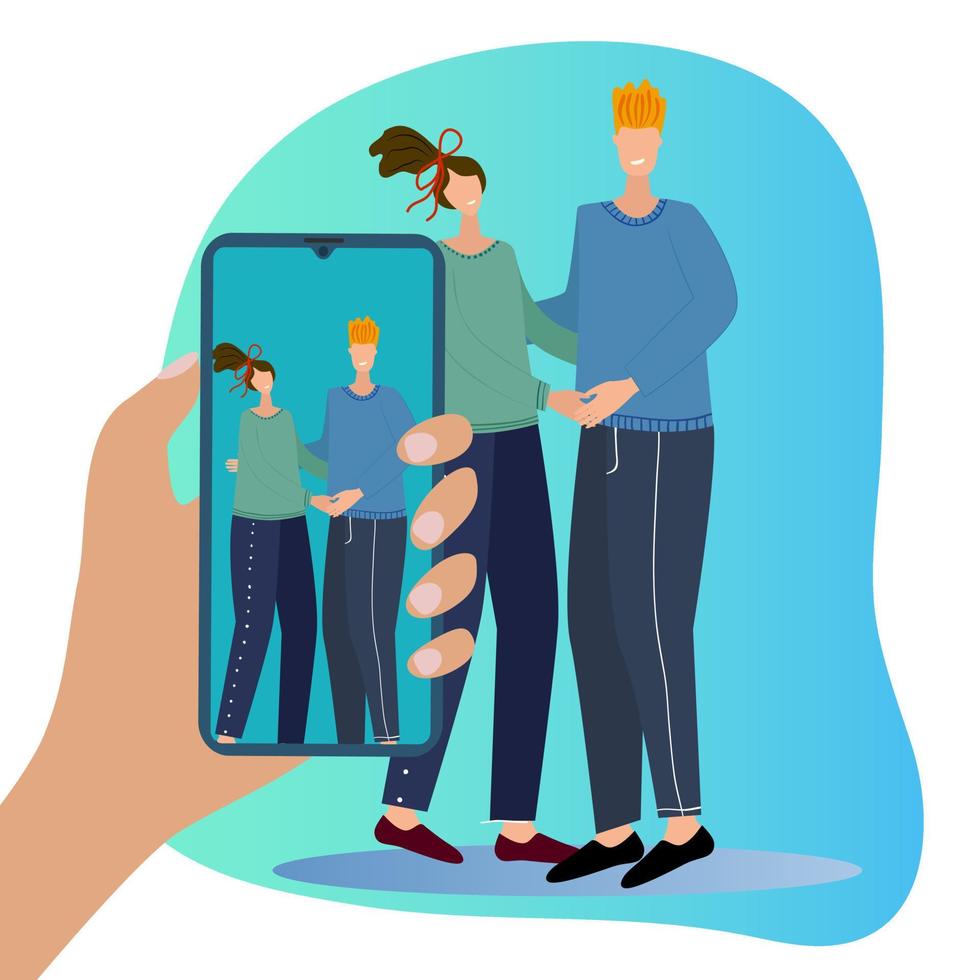 Flat vector illustration.Two cute young people are filmed on a smartphone.The concept of friendship, social networks.You can use it for posters, banners, and websites.