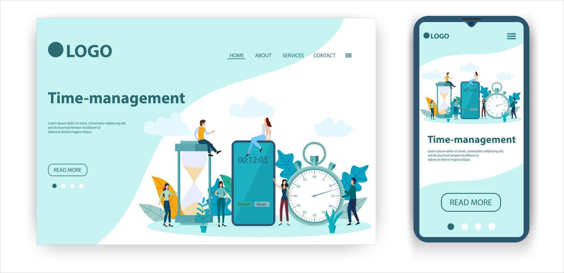 Time-management. Template for the user interface of the website's home page.Landing page template.The adaptive design of the smartphone.vector illustration. vector
