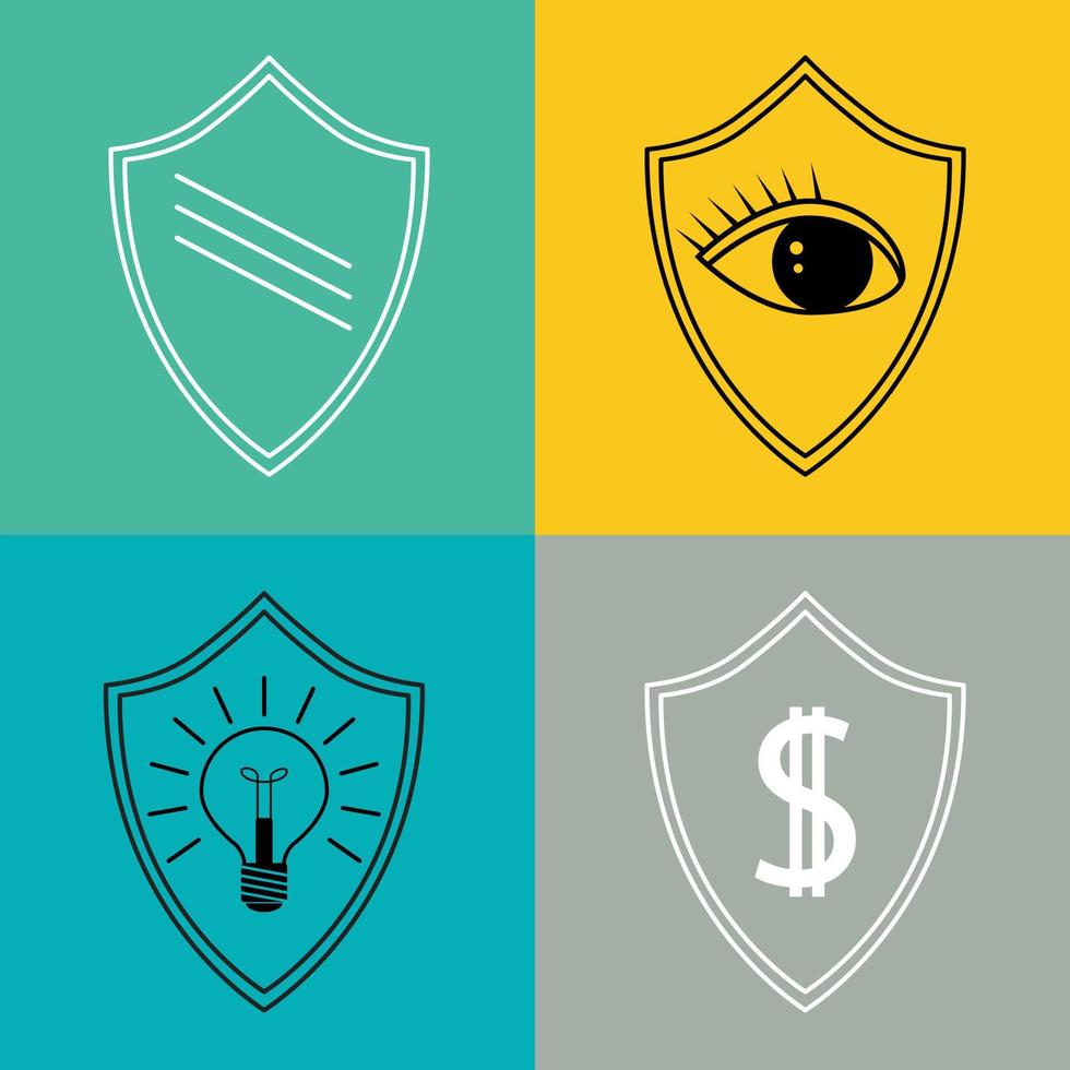 Shield icons.Protection of Bank deposits, protection of privacy,protection of intellectual property. A set of flat icons for web design.Vector illustration. vector