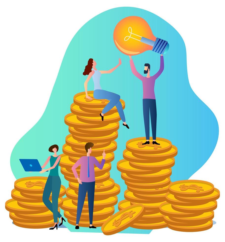 People invest money in an idea.Money light bulb as a symbol of financing ideas.Flat vector illustration.
