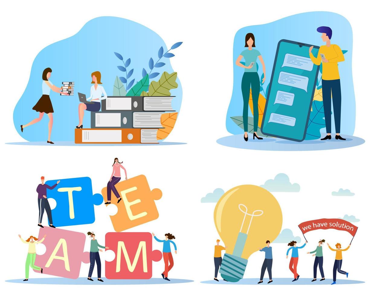 Business process.Online communication.Teamwork.Start-up.A set of illustrations for the design.Flat vector illustration.