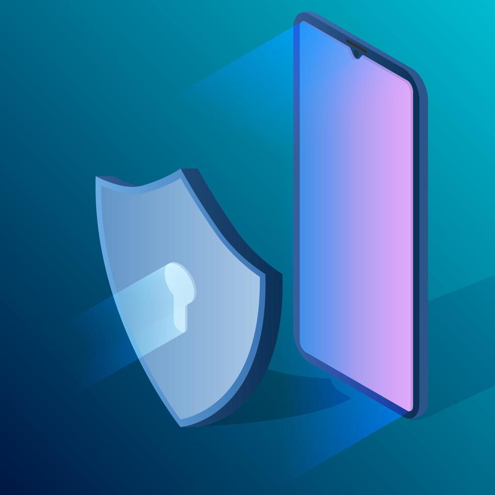 Protecting your smartphone and personal information.Isometric image of the Smartphone and shield.The concept of a secure connection.Vector illustration. vector