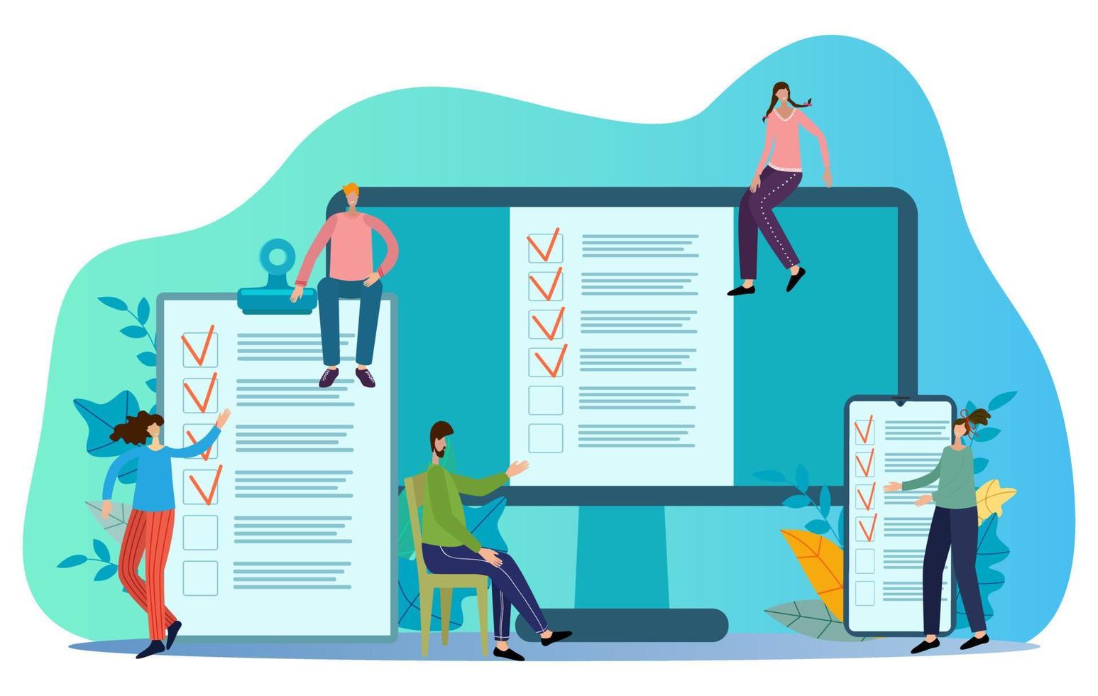 Vector illustration.People are syncing tasks.In the background, a checklist with a checkbox and duplicates on the computer and smartphone display.