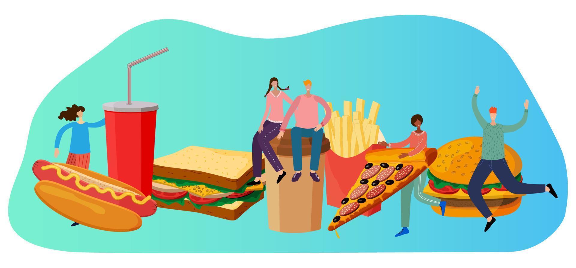 pequeños personajes masculinos y femeninos junto a productos de comida rápida. perro caliente enorme, papas fritas, limonada, café y pizza. la gente disfruta de comida rápida callejera. ilustración vectorial plana. vector