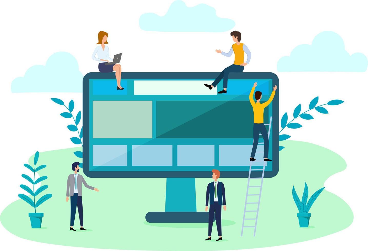 Vector illustration of small people and a large computer.A team of programmers developing an online application.The concept of team work for developers.