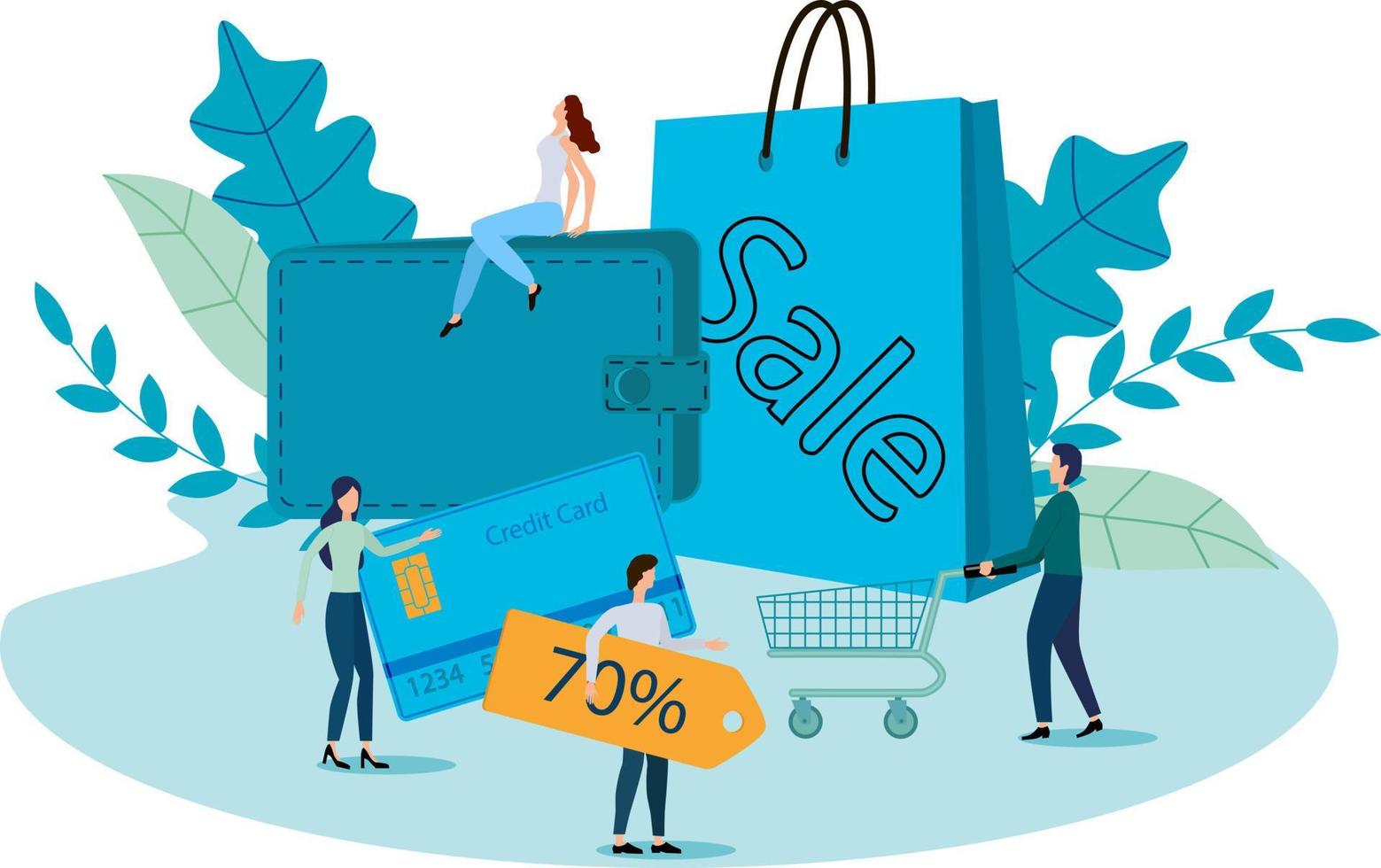 ilustración vectorial con personas que realizan compras. bolsa de compras, tarjeta de plástico, billetera y carro. el concepto de ventas y promoción del comercio. vector