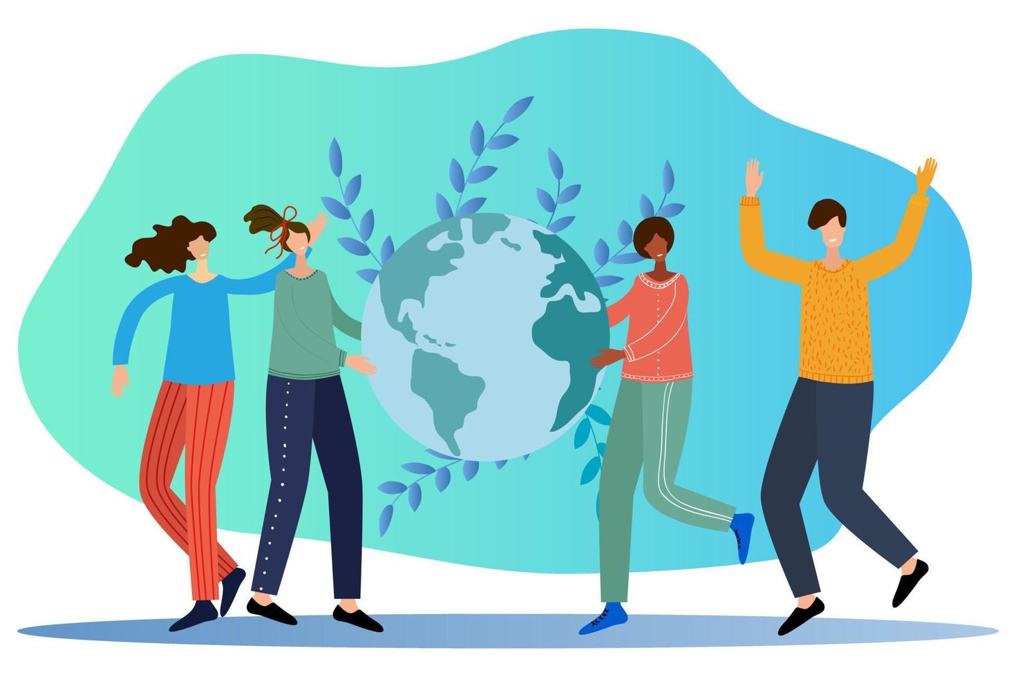 Young people protect the planet Earth.Concept of ecology of nature protection.Flat vector illustration.