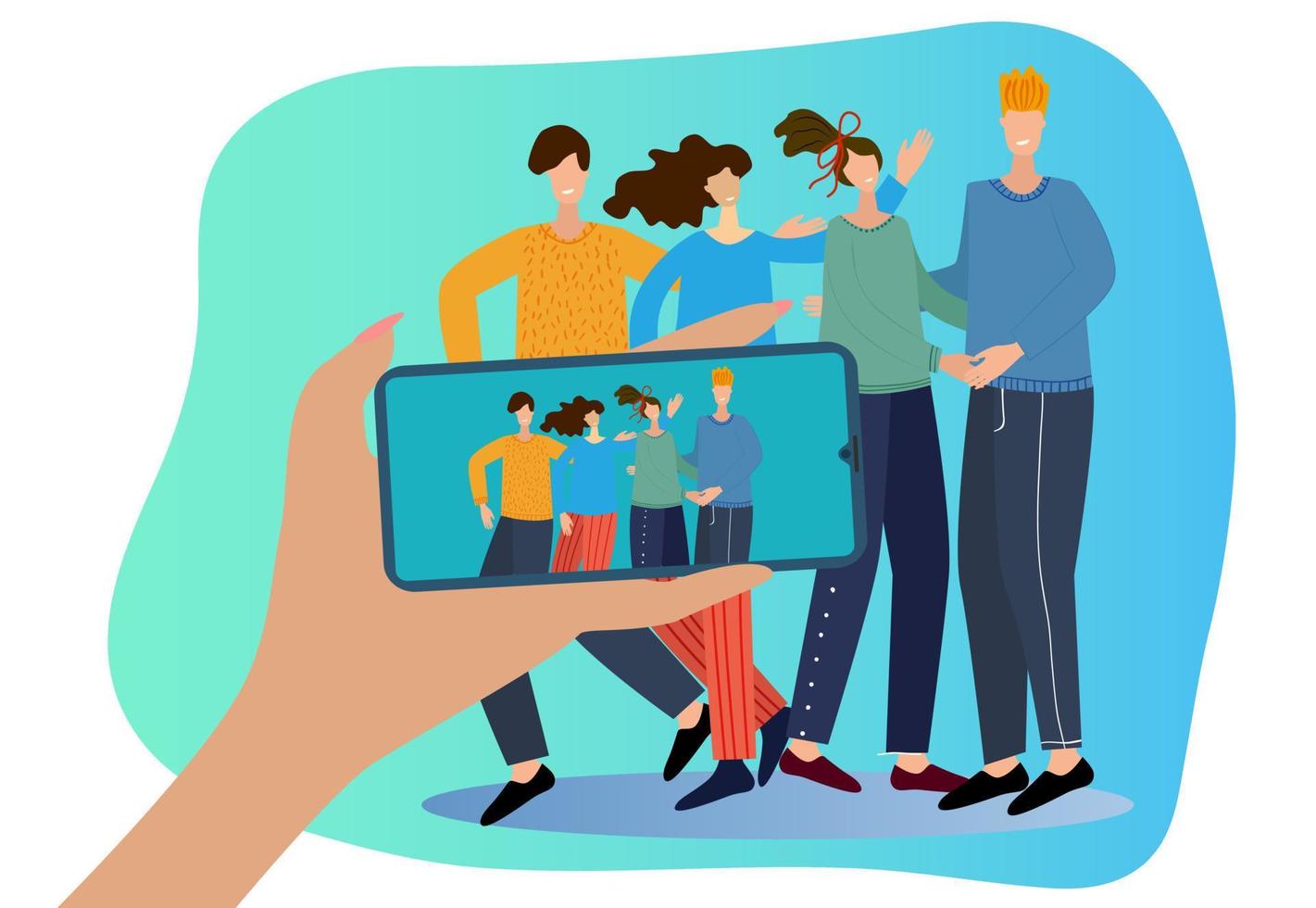 Flat vector illustration.A group of cute young people are filmed on a smartphone.The concept of friendship, social networks.You can use it for posters, banners, and web sites.